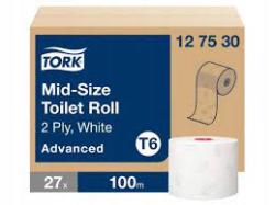 Toaletn papier Tork Mid-size T6 AdvancedCelulza + recykel Biela 2 9,9cm* 100 m 27 ks  H